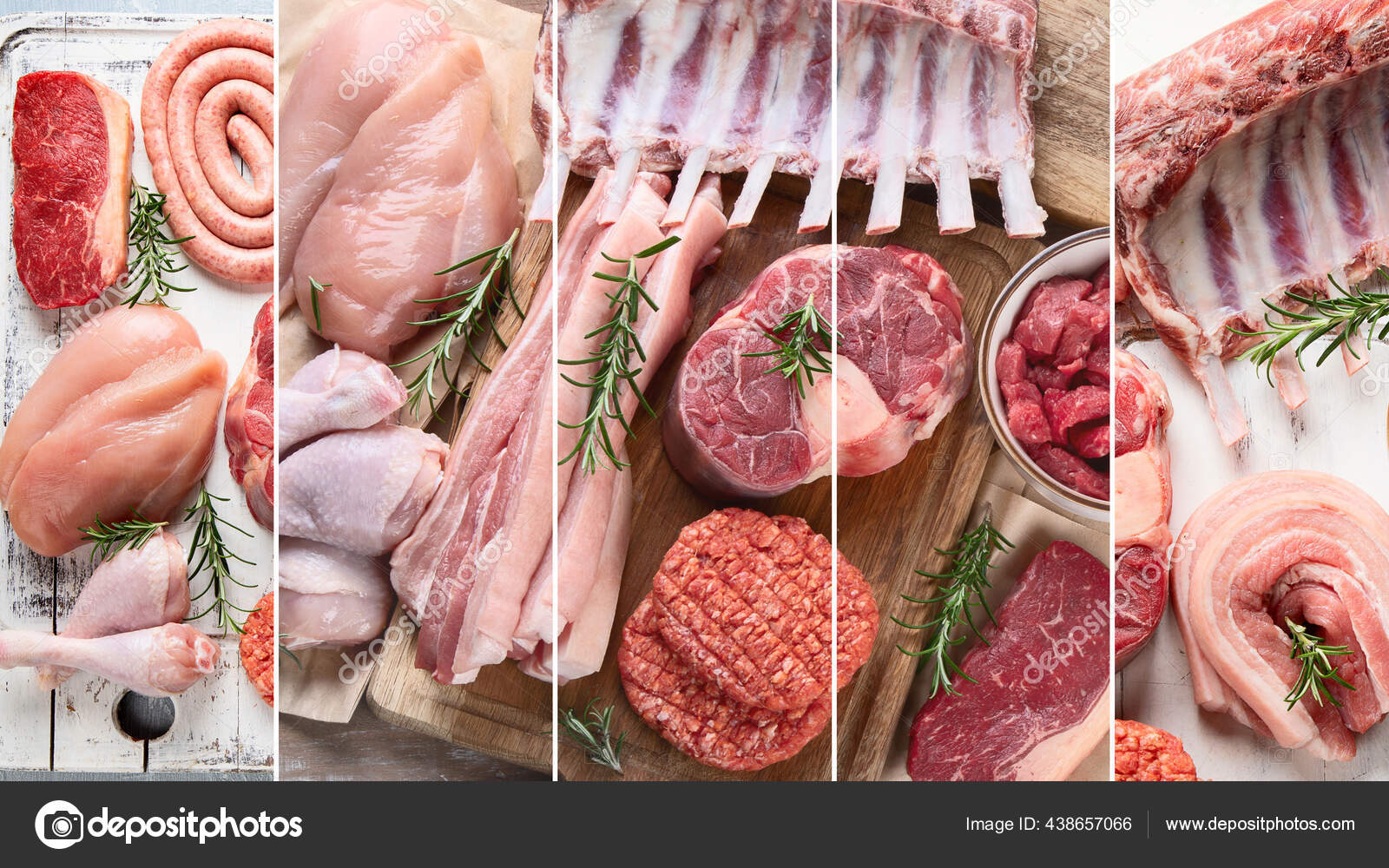 Raw Meat Collage Beef Pork Lamb Chicken Seasoning Top View Stock Photo