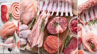 Çiğ et kolajı - sığır eti, domuz eti, kuzu, baharatlı tavuk. Üst manzara, düz la