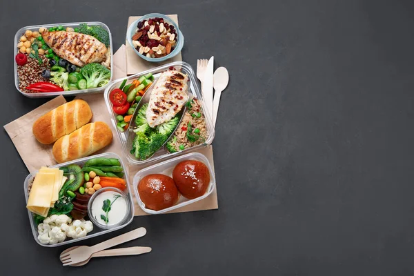 Caixas Almoço Takeaway Com Comida Nutrição Caseira Carne Legumes Frutas — Fotografia de Stock