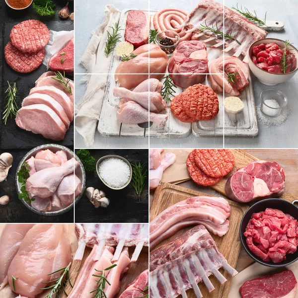 Collage Carne Cruda Carne Vaca Cerdo Cordero Pollo Con Condimento — Foto de Stock