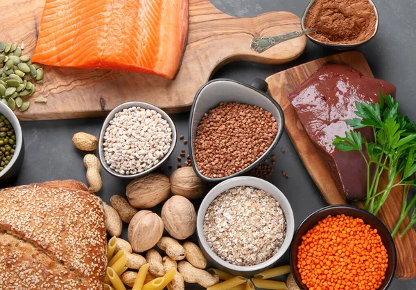 Produtos Saudáveis Mais Altos Cobre Alimentos Que Contenham Vista Superior — Fotografia de Stock