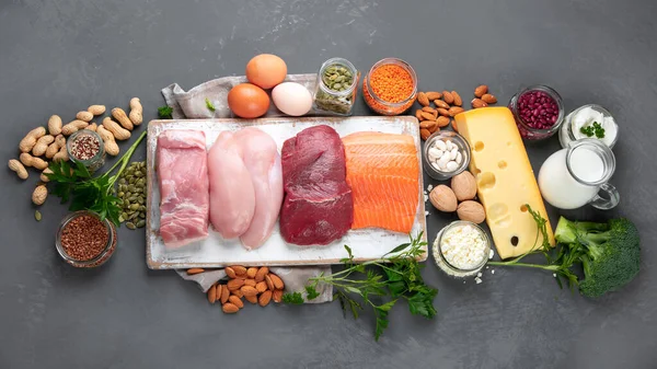 Bästa Produkter Med Hög Proteinhalt Hälsosam Kost Och Kost Koncept — Stockfoto