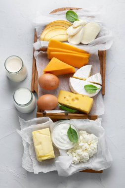 Gri arka planda farklı taze süt ürünleri. Üst görünüm, alanı kopyala