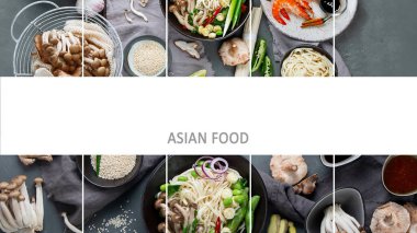 Çeşitli Asya yemeklerinin kolajı. Asya yemekleri konsepti. Çin ya da Tayland mutfağı.