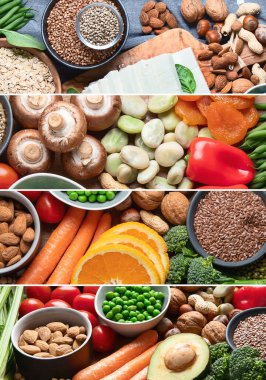 Vejetaryenler ve vejetaryenler için sağlıklı yiyecek kolajı. Tahıllar, tohumlar, fındıklar, sebzeler, tofu. Yüksek miktarda antioksidan, bitki proteini, diyet lifleri.