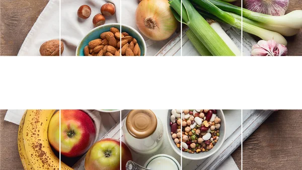 健康的な食事の背景のコラージュ 清潔でデトックスを食べる トップビュー コピースペースのあるリンゴ ナッツ ニンニク バナナとフラットレイ — ストック写真