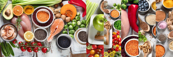 Healthy food collage. Balanced diet concept. Top view