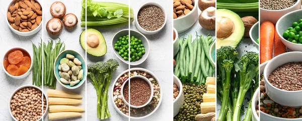 Collage Cibi Sani Vegani Vegetariani Cereali Semi Noci Verdure Tofu — Foto Stock