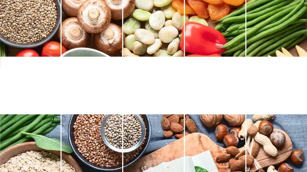 野菜やベジタリアンのための健康食品のコラージュ ナッツ 抗酸化物質 植物タンパク質 食物繊維の高い食品 — ストック写真