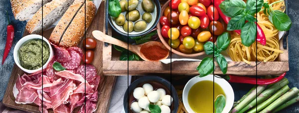 Kolaż Tradycyjnego Włoskiego Jedzenia Kuchnia Śródziemnomorska Widok Góry Kopia Spac — Zdjęcie stockowe