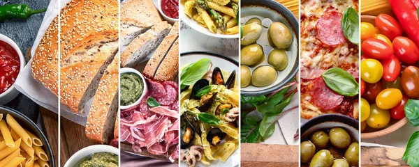 Kolaż Tradycyjnego Włoskiego Jedzenia Kuchnia Śródziemnomorska Widok Góry Kopia Spac — Zdjęcie stockowe