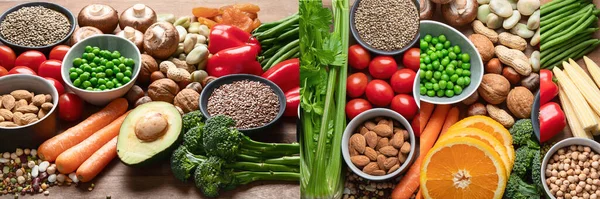 Colagem Alimentos Saudáveis Para Veganos Vegetarianos Grãos Sementes Nozes Legumes — Fotografia de Stock