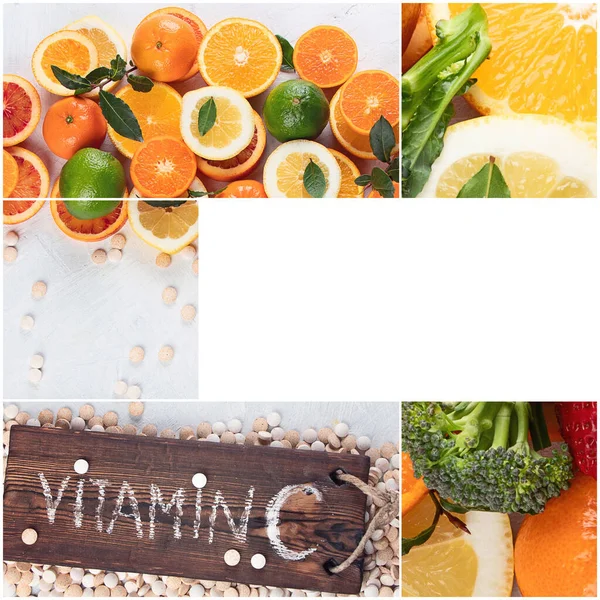 Colagem Colorida Frutas Cítricas Pílulas Vitaminas — Fotografia de Stock