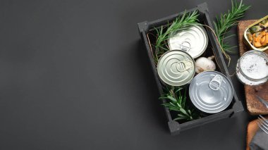 Alüminyum kutularda çeşitli balık konserveleri ve deniz ürünleri. Koyu gri arka planda. Üst görünüm, alanı kopyala
