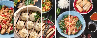 Karanlık arka planda çeşitli Çin yemekleri kolajı. Asya yemekleri konsepti. Üst görünüm, Spac kopyala