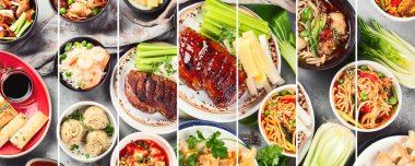 Açık gri arka planda çeşitli Çin yemekleri kolajı. Asya yemekleri konsepti. Üst görünüm, alanı kopyala