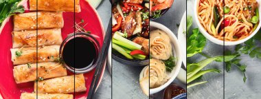 Açık gri arka planda çeşitli Çin yemekleri kolajı. Asya yemekleri konsepti. Üst görünüm, alanı kopyala