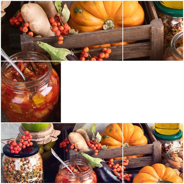 Autumn seasonal vegetables and  fruits. Preserved vegetables. Homemade harvest storage. Healthy food concep