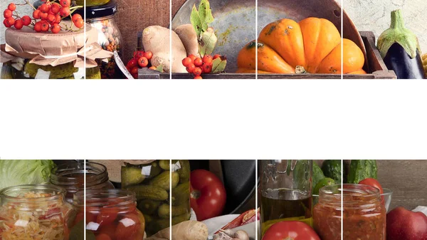 Autumn seasonal vegetables and  fruits. Preserved vegetables. Homemade harvest storage. Healthy food concep