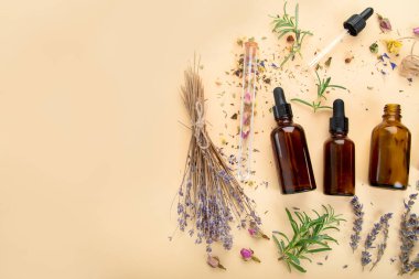 Alternatif bitki ilacı. Şişeler ve kapsüller. Doğal organik. Gıda sağlıklı ve sağlıklı beslenme kavramı. Üst görünüm, alanı kopyala