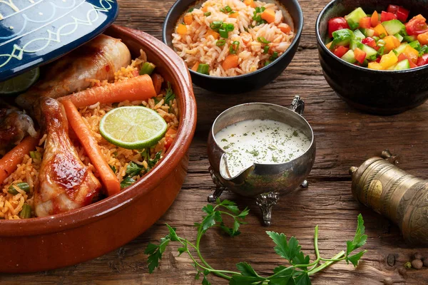 Tajin tavuk yahnisi, pilav ve sebzeli sos ve salata. Doğulu yemek konsepti. 