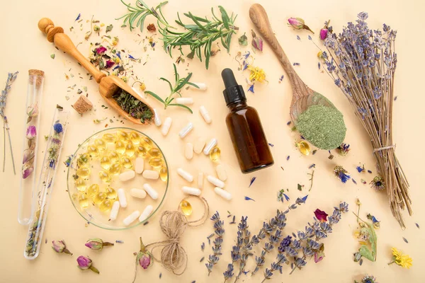 Alternatif bitki ilacı. Şişeler ve kapsüller. Doğal organik. Gıda sağlıklı ve sağlıklı beslenme kavramı. Üst görünüm, alanı kopyala