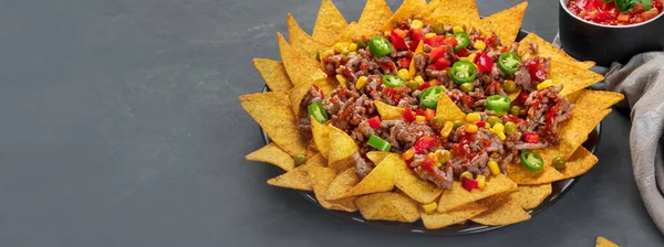 Lezzetli İspanyol Meksika yemeği tahtası. Nacho, sığır eti, guacamole, avokado ve yıldız meyvesi. Acı ve baharatlı. Boşluğu kopyala, panorama pankartı