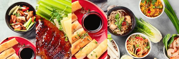 Açık gri arka planda çeşitli Çin yemekleri kolajı. Asya yemekleri konsepti. Üst görünüm, alanı kopyala