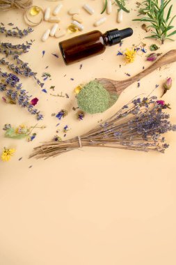 Alternatif bitki ilacı. Şişeler ve kapsüller. Doğal organik. Gıda sağlıklı ve sağlıklı beslenme kavramı. Üst görünüm, alanı kopyala