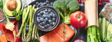 Gri arka planda sağlıklı yiyecek seçimi kolajı. Detoks ve temiz diyet konsepti. Gri arka planda sağlıklı yiyecek seçimi. Detoks ve temiz diyet konsepti. Yüksek miktarda vitamin, mineral ve antioksidan içeren yiyecekler. Yaş karşıtı yiyecekler. Kopyalama alanı olan üst görünüm