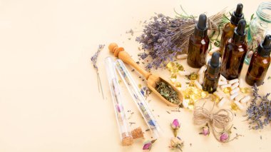 Alternatif bitki ilacı. Şişeler ve kapsüller. Doğal organik. Gıda sağlıklı ve sağlıklı beslenme kavramı. Boşluğu kopyala