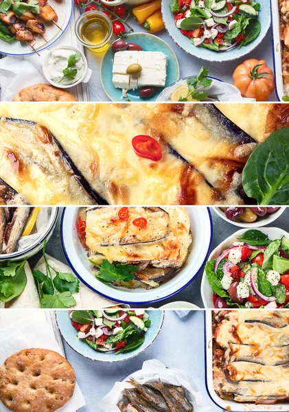 Collage of Greek food. Moussaka, meze, souvlaki, fish, pita, greek salad, tzatziki,  olives and vegetables. Traditional different types of greek dishes.