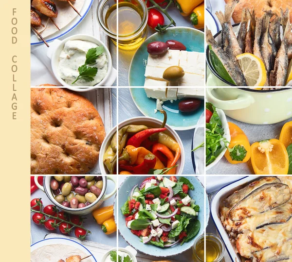 Collage of Greek food. Moussaka, meze, souvlaki, fish, pita, greek salad, tzatziki,  olives and vegetables. Traditional different types of greek dishes.