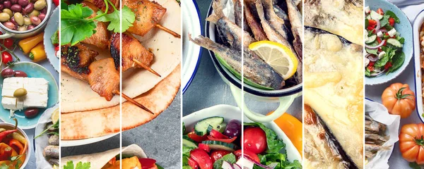 Collage of Greek food. Moussaka, meze, souvlaki, fish, pita, greek salad, tzatziki,  olives and vegetables. Traditional different types of greek dishes.