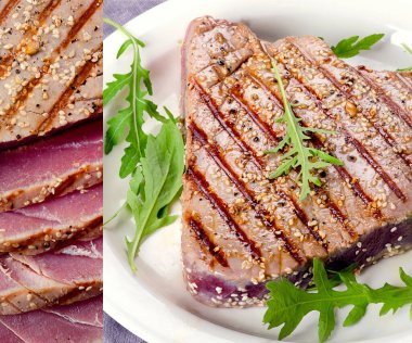 Soslu ve baharatlı ton balığının farklı türleri. Sağlıklı gıda konsepti