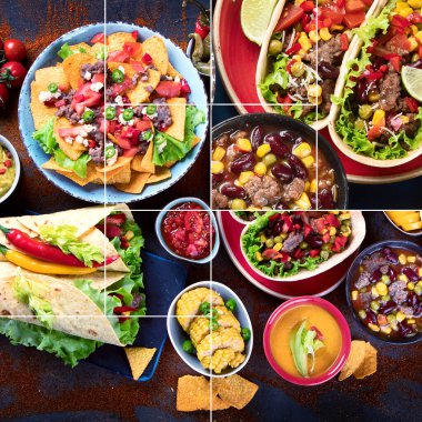 Kolajı koyu arkaplanda geleneksel Meksika yemeği karışımı.