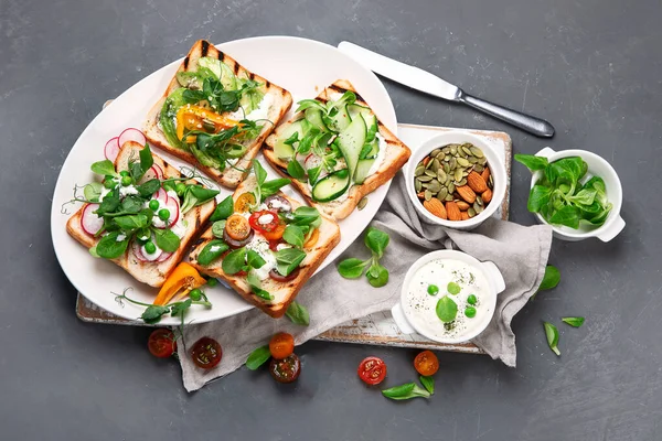 Variedad Sándwiches Veganos Para Desayuno Vista Superior Espacio Copia —  Fotos de Stock