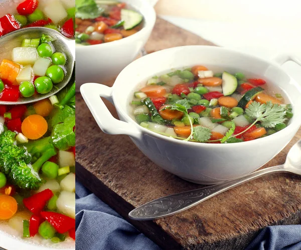 Collage Sopa Verduras Con Brócoli Guisantes Verdes Zanahorias Concepto Alimentación —  Fotos de Stock