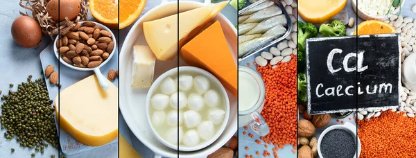 Collage Alimentos Ricos Calcio Para Una Dieta Saludable Para Refuerzo —  Fotos de Stock