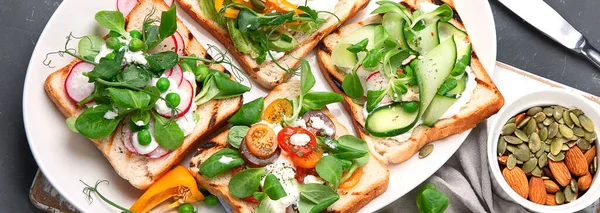 Verscheidenheid Aan Veganistische Sandwiches Als Ontbijt Bovenaanzicht Panorama Banner — Stockfoto