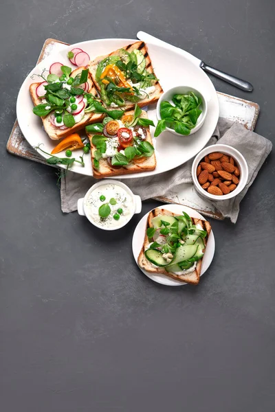 Verschiedene Vegane Sandwiches Zum Frühstück Ansicht Von Oben Kopierraum — Stockfoto
