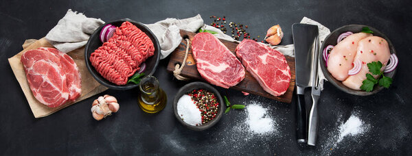 Variety of raw meat  with seasoning  on dark background. Top view, panorama, banner