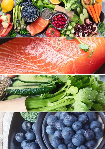 Collage Einer Gesunden Nahrungsmittelauswahl Auf Grauem Hintergrund Detox Und Sauberes — Stockfoto