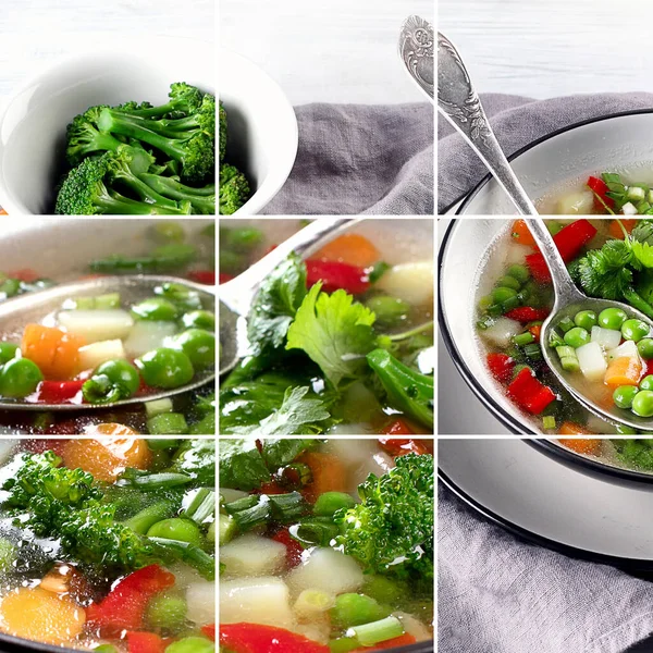 Collage Sopa Verduras Con Brócoli Guisantes Verdes Zanahorias Concepto Alimentación —  Fotos de Stock