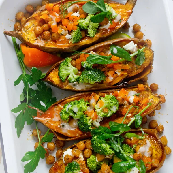 Stuffed Sweet Potato Spiced Chickpea Dressing Herbs Homemade Vegan Food — Stock Photo, Image