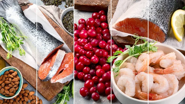 Collage Las Mejores Fuentes Ácidos Omega Alimentos Ricos Grasas Saludables — Foto de Stock