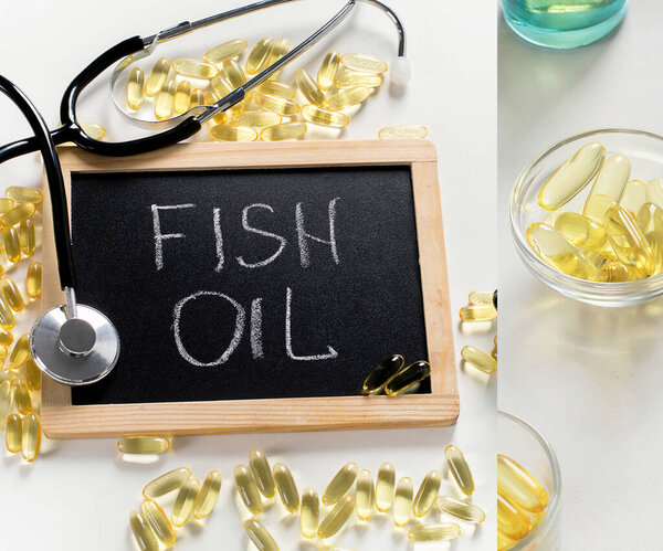 Collage of best sources of fish oil, capsules and salmon fillet. Healthy eating concept.