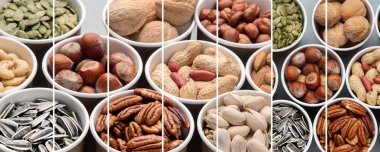 Bağışıklık sistemini güçlendirmek için eko-dost bardaklarda bulunan farklı tip fındık kolajı. Yüksek miktarda vegan protein, vitamin ve antioksidan. Çevre dostu kavram.