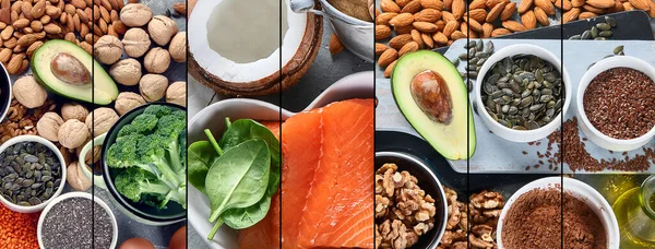 Kollage Livsmedelskällor Omega Och Hälsosamma Fetter Hälsosam Kost Koncept — Stockfoto