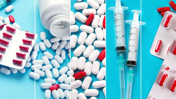 Kolaż Stosu Różnych Leków Farmaceutycznych Pigułki Tabletki Kapsułki Zarozumiałość Medyczna — Zdjęcie stockowe